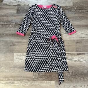 Lilly Pulitzer Navy Pink Geometric Print Knit Belted Dress XS Preppy Mod Retro